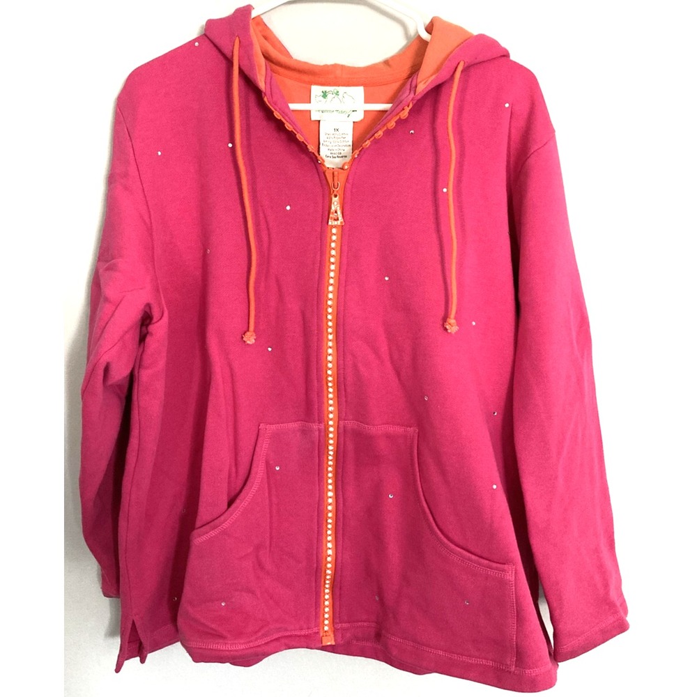 Quacker Factory Hoodie Sweatshirt Women 1X Pink/Orang Rhinestone Zip Up Hoodie